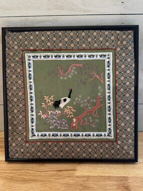 Vintage Chinese Silk Hand Embroidered Art Red Crowned Crane Framed 11 X 11